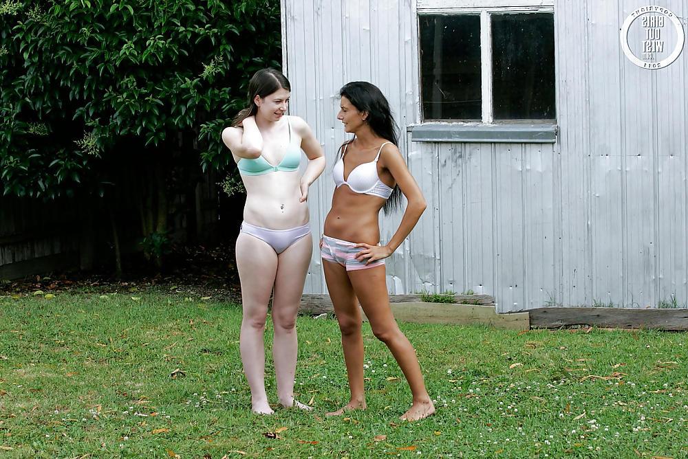 16P Skinny lesbian chicks lick their pussies outdoors