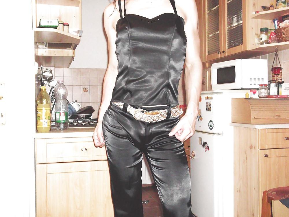 15P Black satin suit (trousers, corset, jacket)