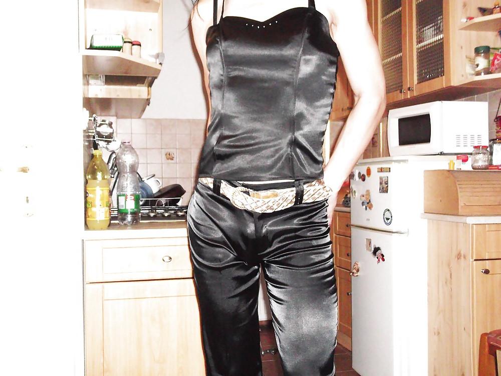 15P Black satin suit (trousers, corset, jacket)