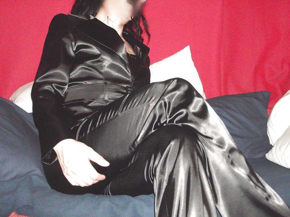15P Black satin suit (trousers, corset, jacket)