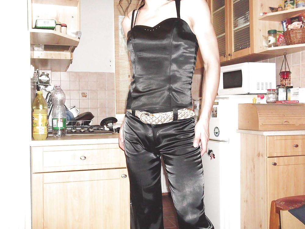 15P Black satin suit (trousers, corset, jacket)