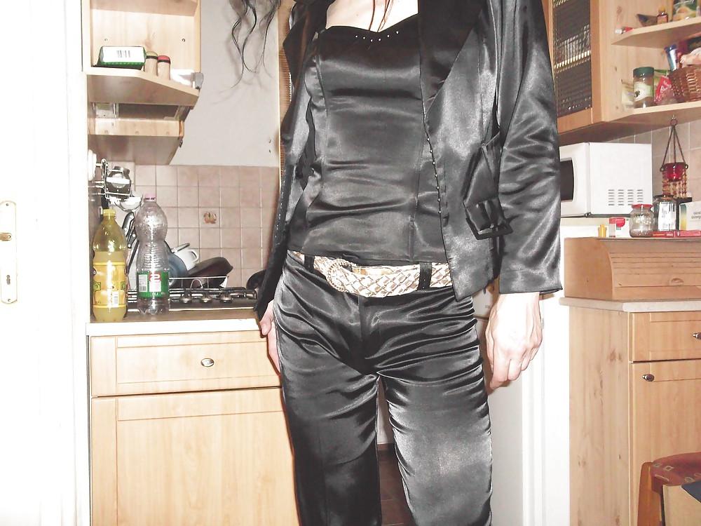 15P Black satin suit (trousers, corset, jacket)