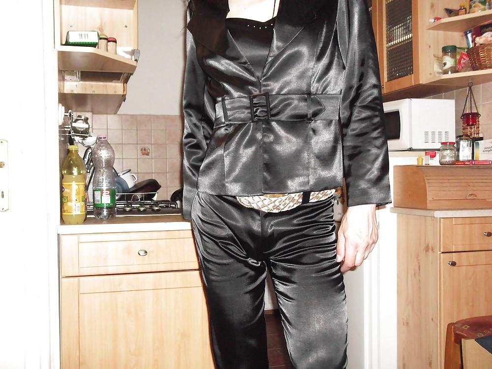 15P Black satin suit (trousers, corset, jacket)