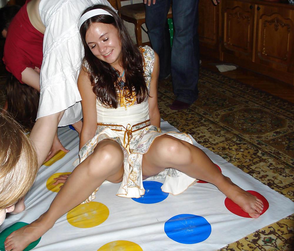 25P Playing Twister, Upskirt, Nude and Downblouse