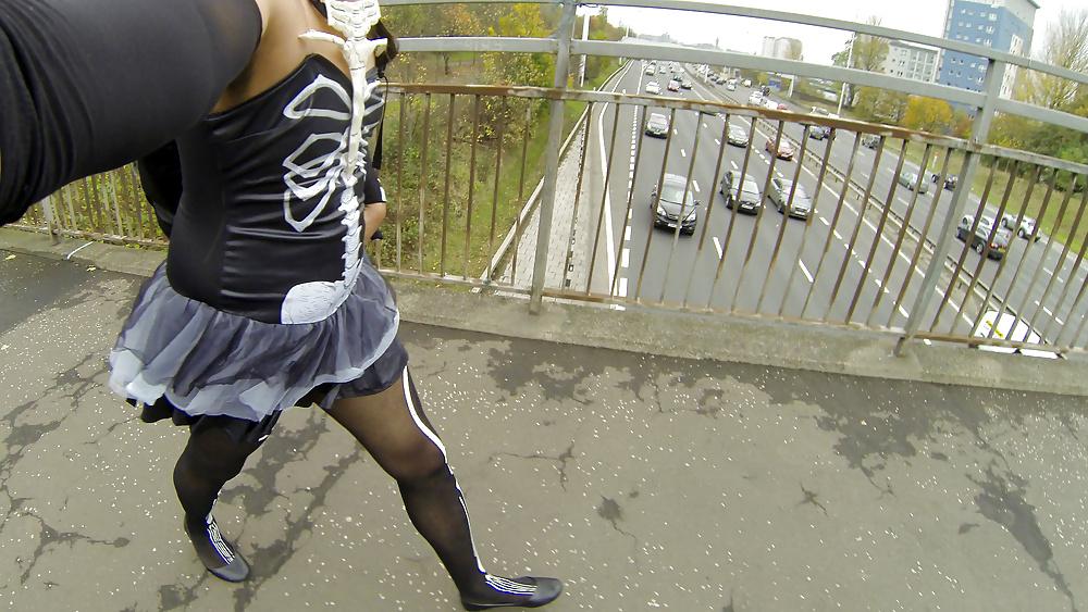 19P Tranny Halloween public upskirt stripping flashing fun