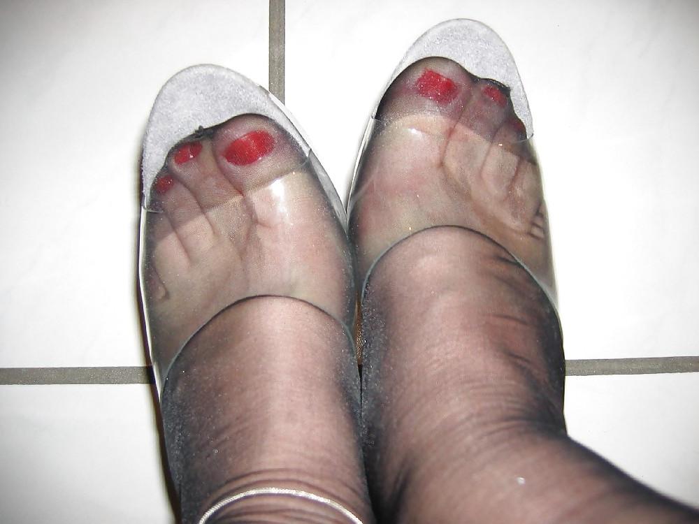 18P My Clear Heels and black Stockings