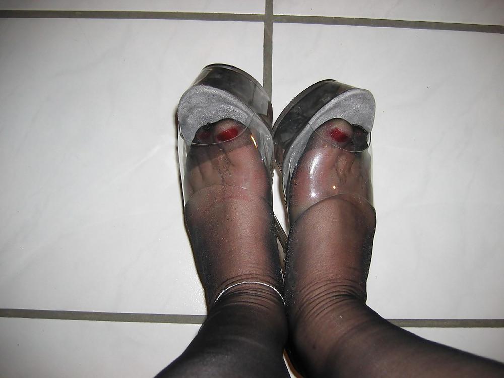 18P My Clear Heels and black Stockings