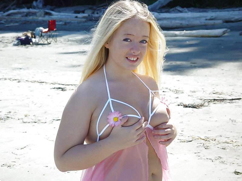 12P Chubby blonde goes to the beach in a pink nightie