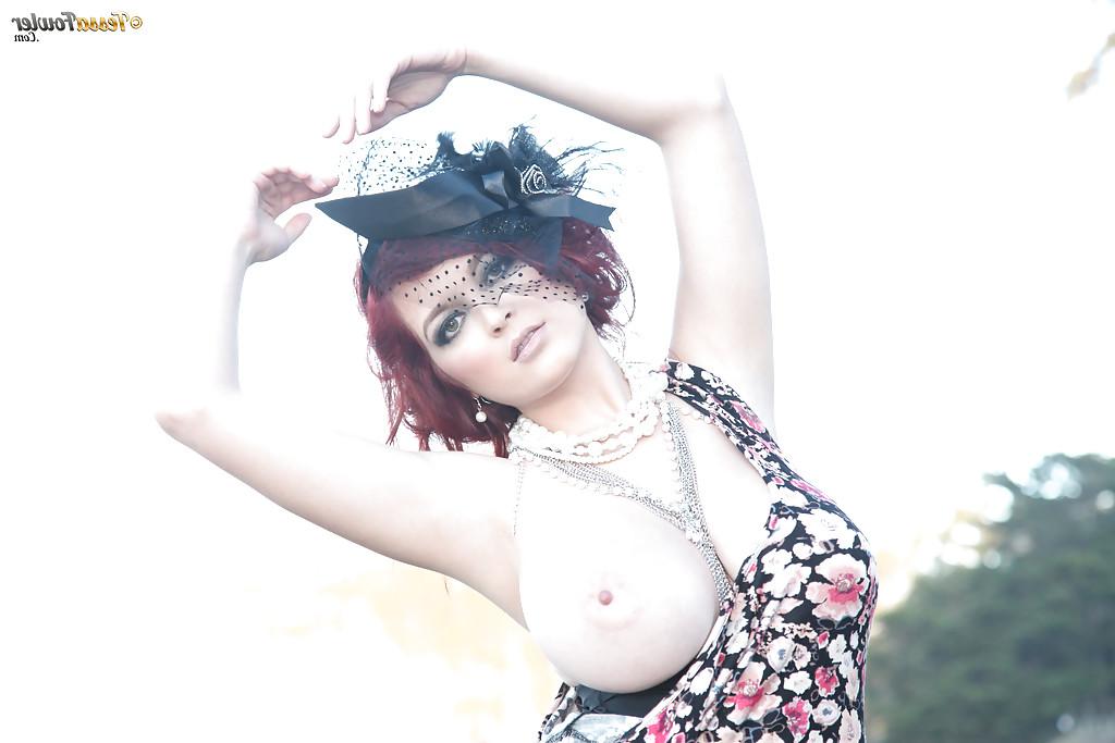 16P Busty redhead Tessa Fowler flashing her huge knockers on beach