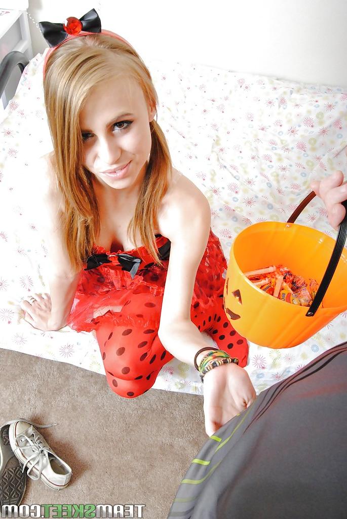 16P Slippy blonde slut in stockings gets a big hard dick as her halloween treat
