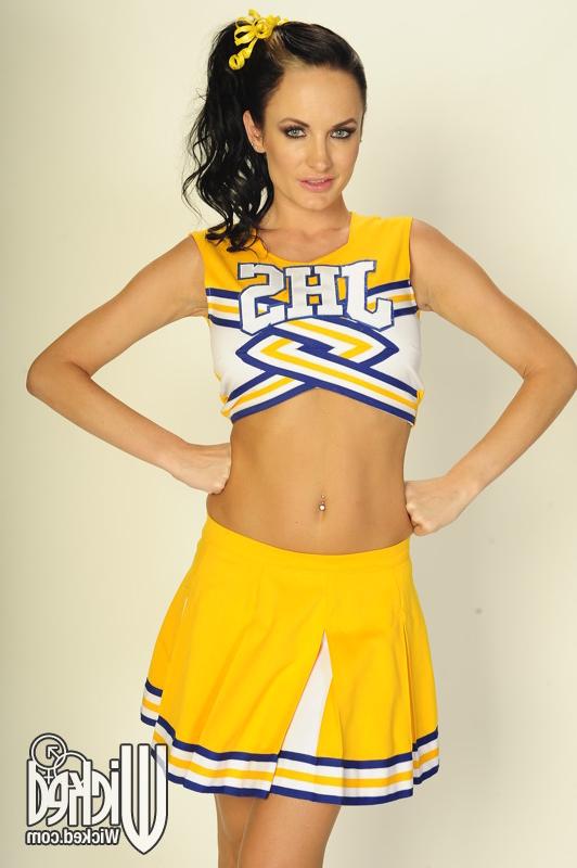16P Busty babe Alektra Blue takes off cheerleader uniform to show pussy