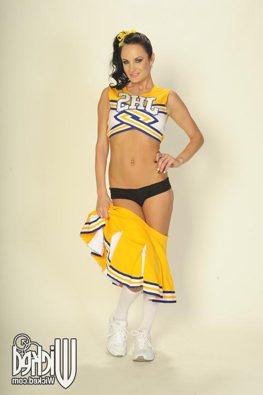 16P Busty babe Alektra Blue takes off cheerleader uniform to show pussy