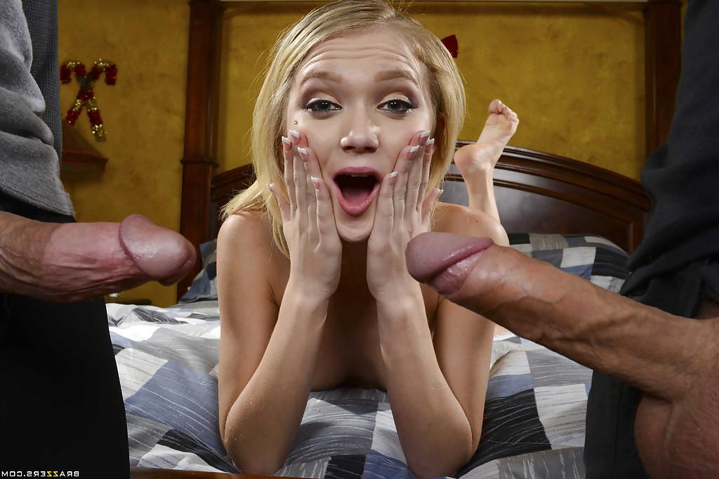 16P Young skinny blonde Dakota Skye is sucking two hard pricks on cam