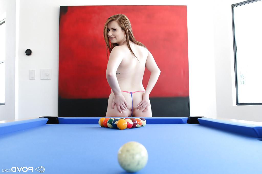 16P Solo girl Karlie Brooks stripping naked on top of pool table