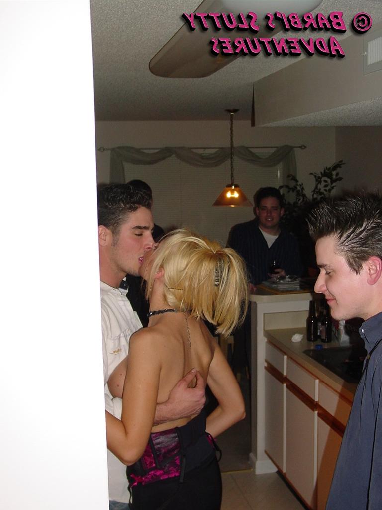 16P Very slutty blonde MILF Barbi Sinclair dresses as slut and goes to a college groupsex party where she fucked every single guy.