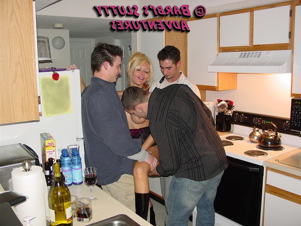 16P Very slutty blonde MILF Barbi Sinclair dresses as slut and goes to a college groupsex party where she fucked every single guy.