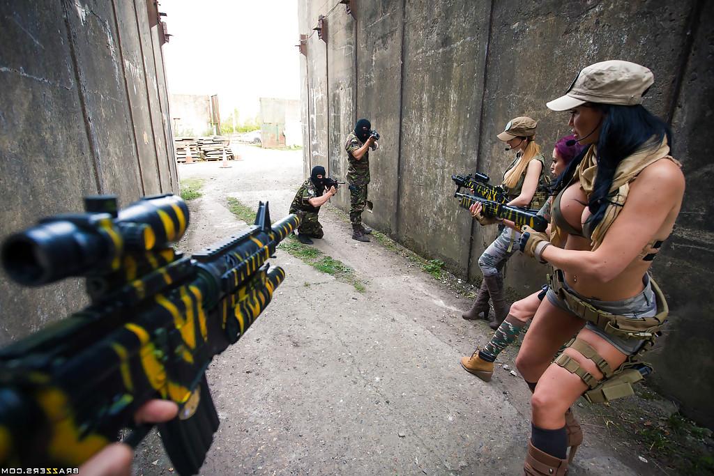 16P 3 busty pornstars drop machine guns and shorts before fucking huge cock