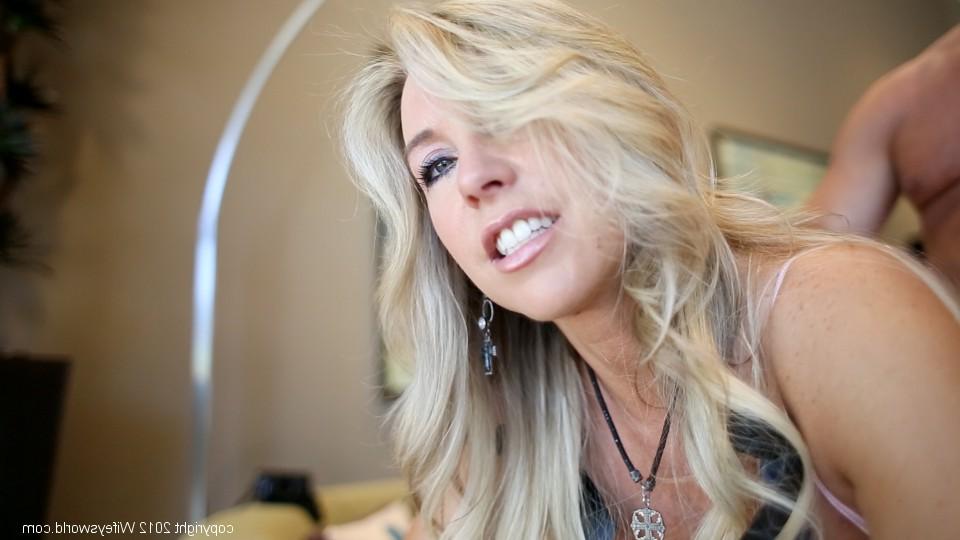 16P Bosomy blonde wife sucks a swollen cock and gives a sensual handjob