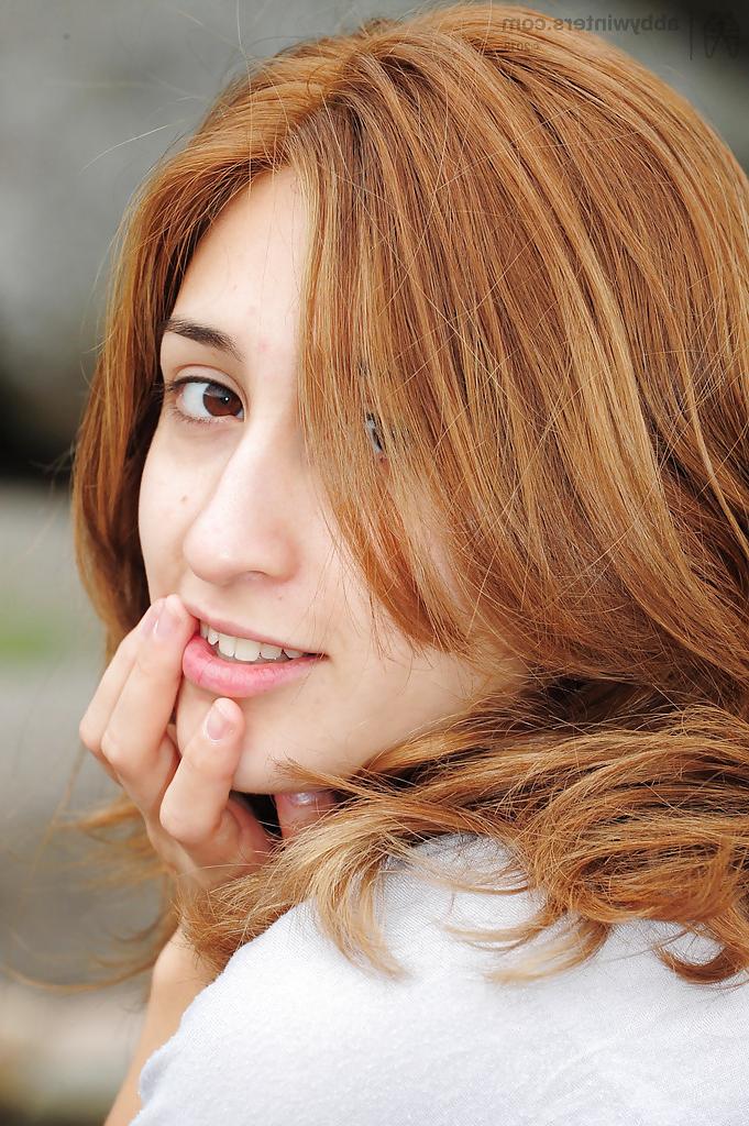 16P Petite redhead teen Grisel showing off her feet and hairy pussy outside