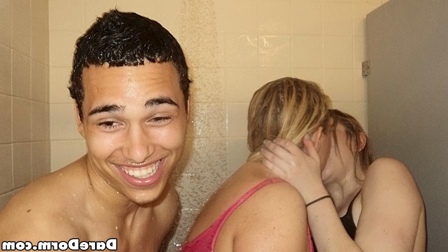 16P Nasty coeds have some hardcore fun with a well-hung guy in the shower