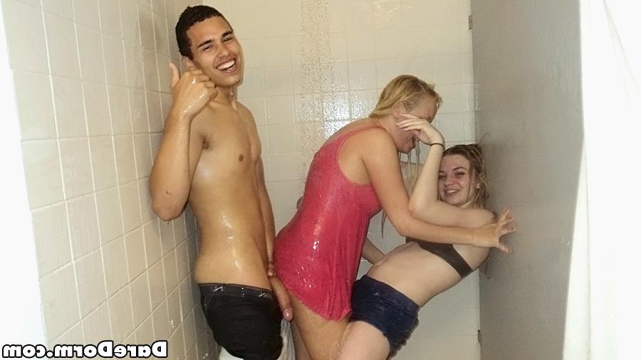 16P Nasty coeds have some hardcore fun with a well-hung guy in the shower