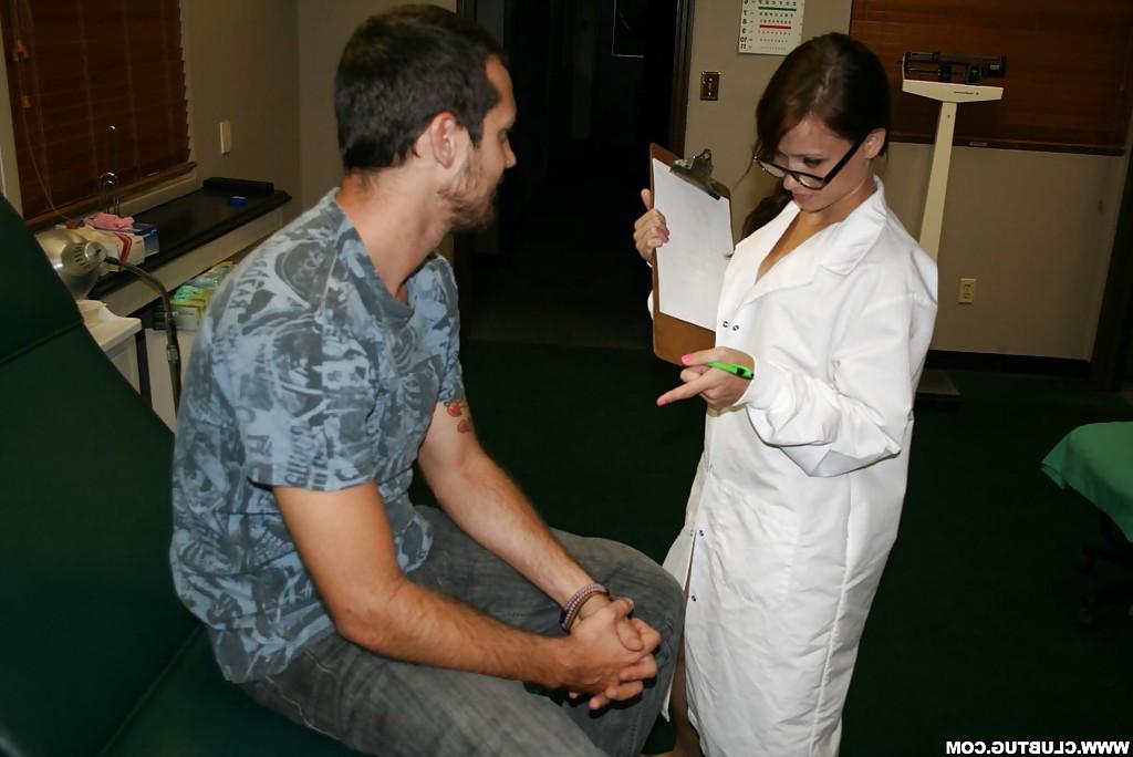 16P Sweet brunette nurse in glasses gives a sensual handjob to a lucky guy