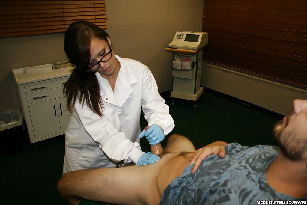 16P Sweet brunette nurse in glasses gives a sensual handjob to a lucky guy