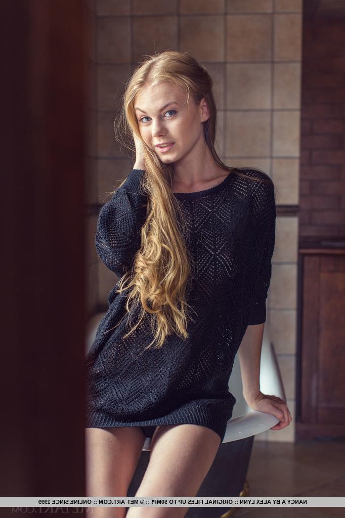 18P Erotic model Nancy A in socks & skirt undressing to show hard nipples & ass