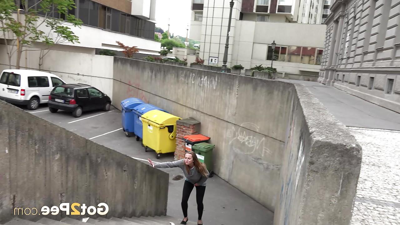 15P Blonde teen Suzzie baring her pussy lips and sexy ass and pissing in public