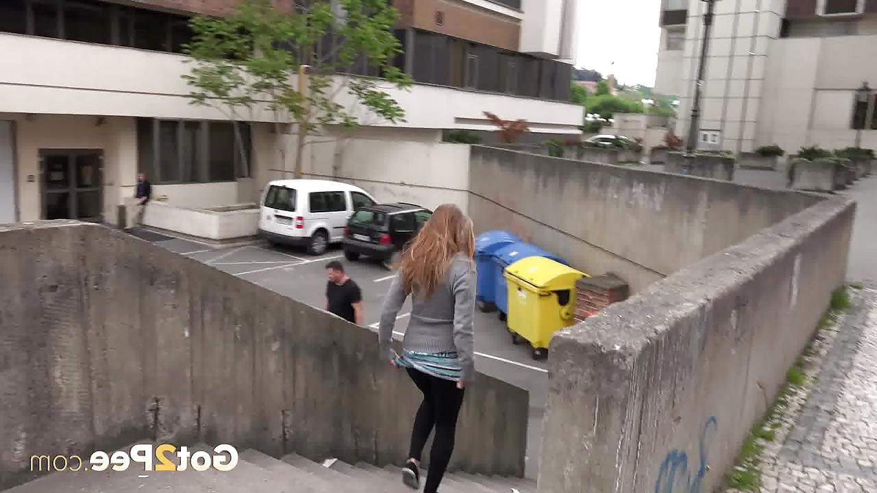 15P Blonde teen Suzzie baring her pussy lips and sexy ass and pissing in public