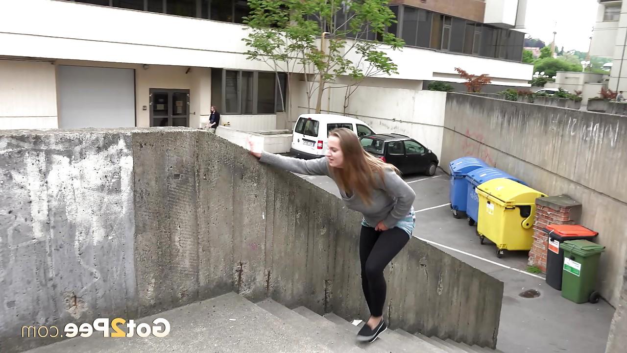 15P Blonde teen Suzzie baring her pussy lips and sexy ass and pissing in public