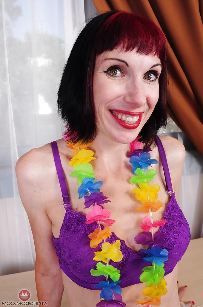 16P Exquisite mature woman Alyce Porter takes off lingerie boasting of juicy holes