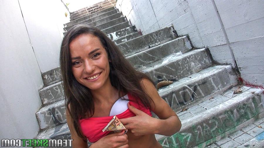 14P Skinny teen chick Nataly Gold flashing flat chest outdoors for money