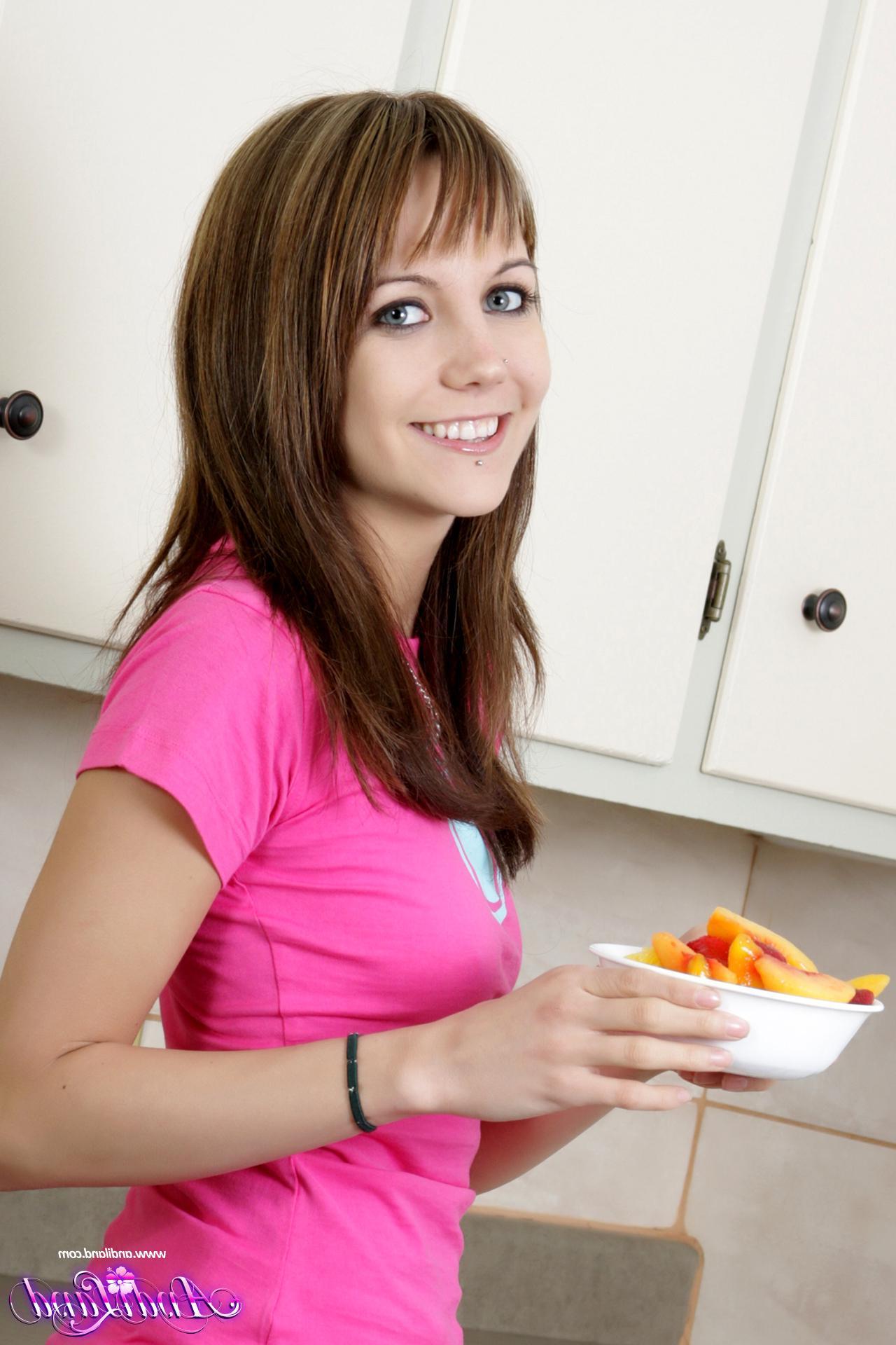 15P Sexy teen girl Andi Land offers you a quick snack in the kitchen