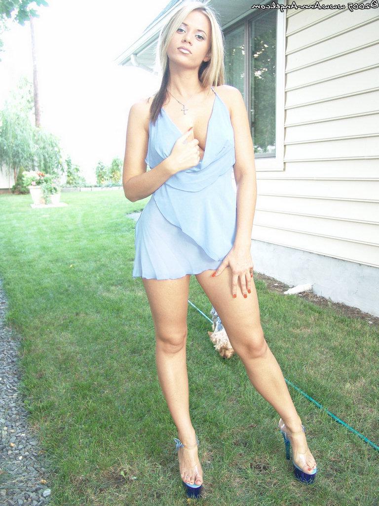 14P Pictures of stunning blonde teen Ann Angel in a blue dress and heels