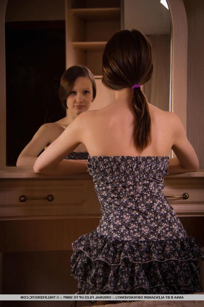 16P Brunette girl Anna B strips off her dress and shows you her tight wet pussy