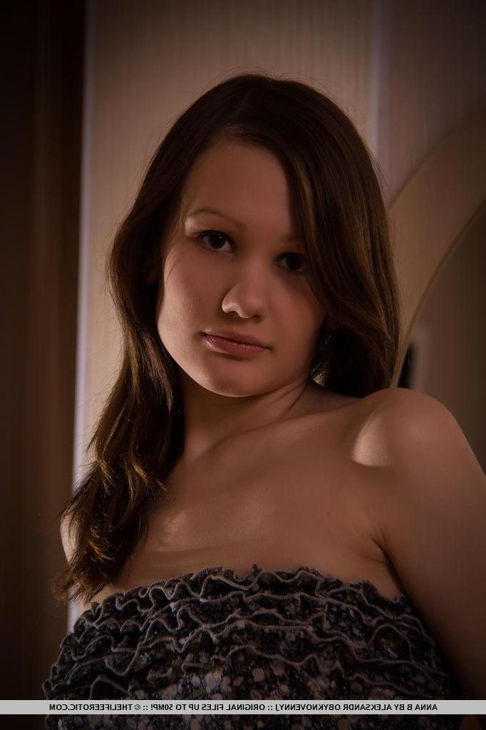 16P Brunette girl Anna B strips off her dress and shows you her tight wet pussy