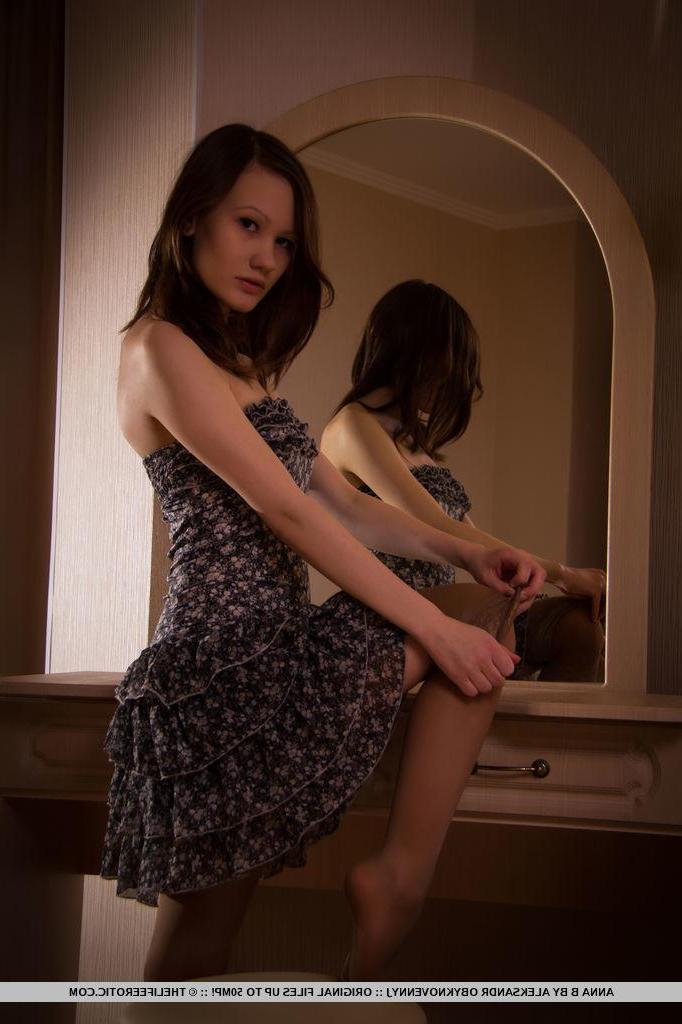 16P Brunette girl Anna B strips off her dress and shows you her tight wet pussy