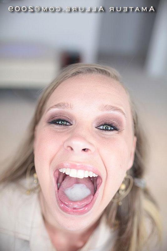 16P Blonde with amazing eyes blows cock and swallows jizz