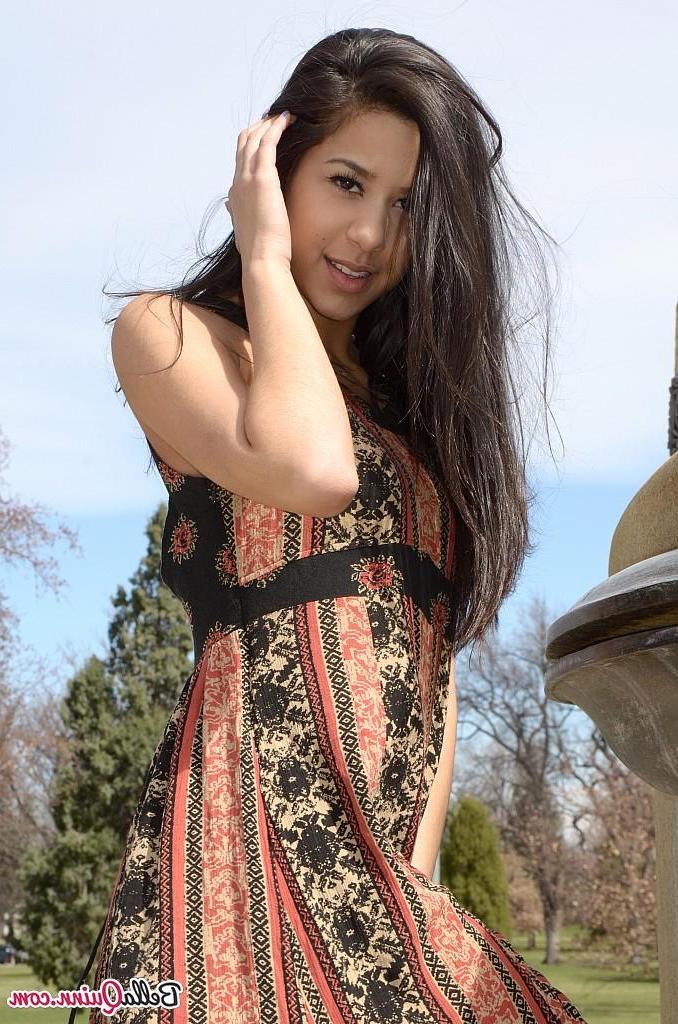 12P Brunette teen Bella teases in her dress on the steps