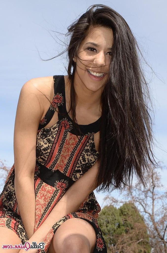 12P Brunette teen Bella teases in her dress on the steps