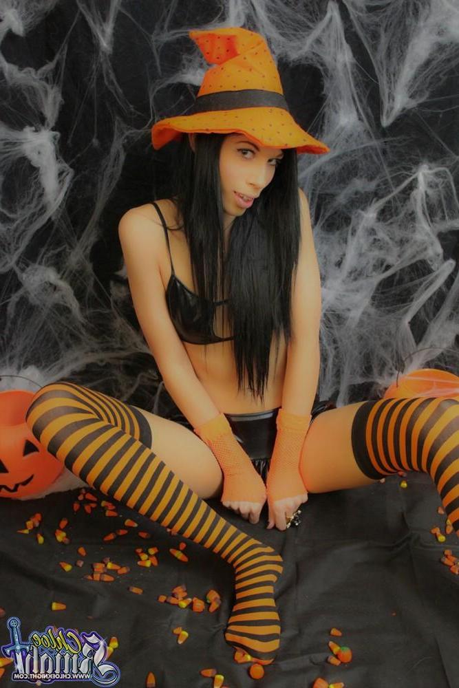 15P Chloe Knight dresses up in sexy orange and black socks for halloween