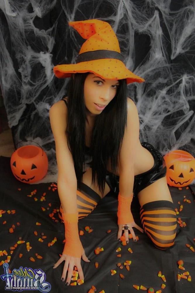 15P Chloe Knight dresses up in sexy orange and black socks for halloween