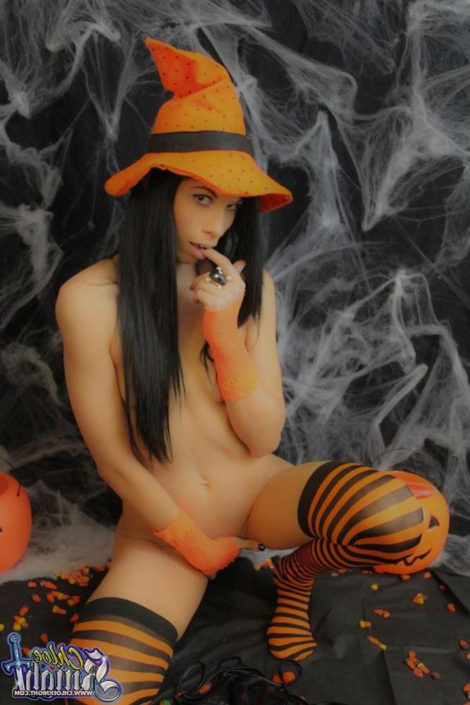 15P Chloe Knight dresses up in sexy orange and black socks for halloween