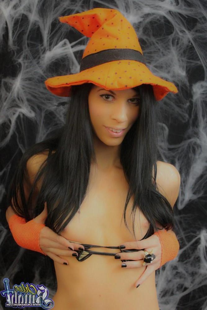 15P Chloe Knight dresses up in sexy orange and black socks for halloween