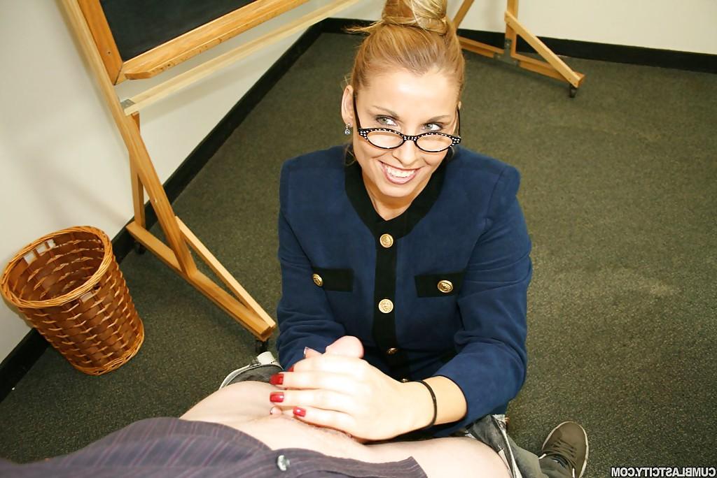 16P Big busted blonde MILF in glasses gets facial after handjob