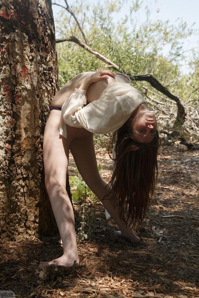 8P Busty coed Elektra Rose strips and poses in the park