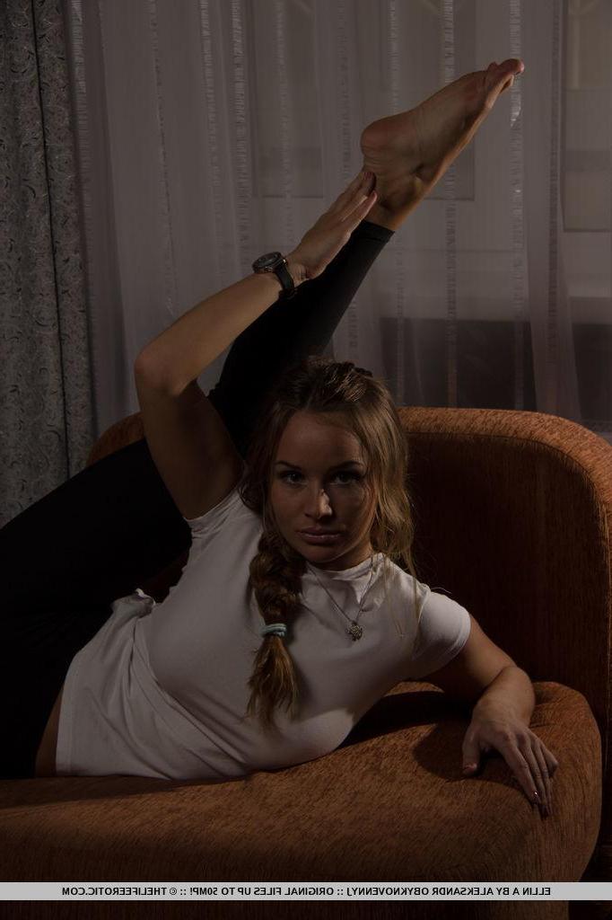 16P Busty blonde Ellin A shows how flexible she is before stripping and playing with herself