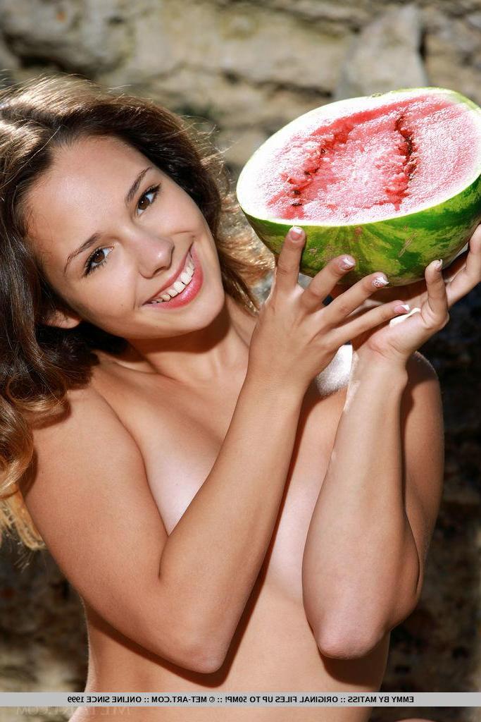 18P Emmy playfully poses with a watermelon on her sweet body