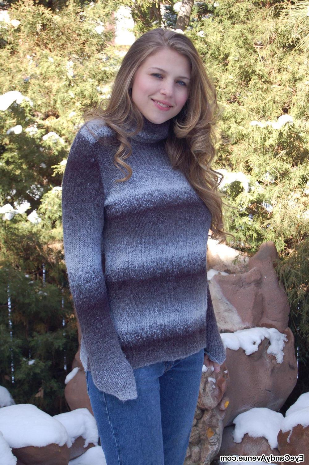 16P Busty blonde teen Gemini's nipples get hard out in the cold